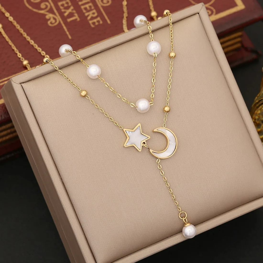 New Fashion Pearl Double Layer Chain Trendy Love Butterfly Pendant Stainless Steel Temperament Necklace