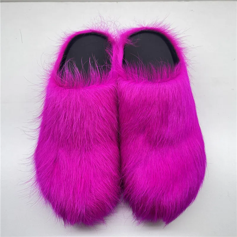 Fashion Fur Slippers Women Round Toe Horse Hair Slides Female Mules Shoes Flat Half Slipper
