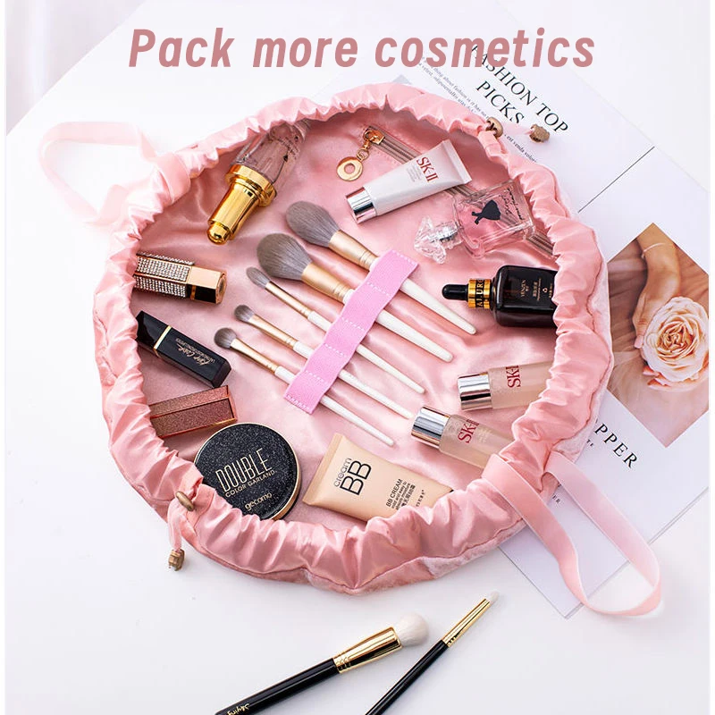 Fabric Cosmetic Storage Bag Customized Lay Flat Makeup Pouch Lazy Drawstring Makeup Bag Wholesale Soft Flannel for Women OEM