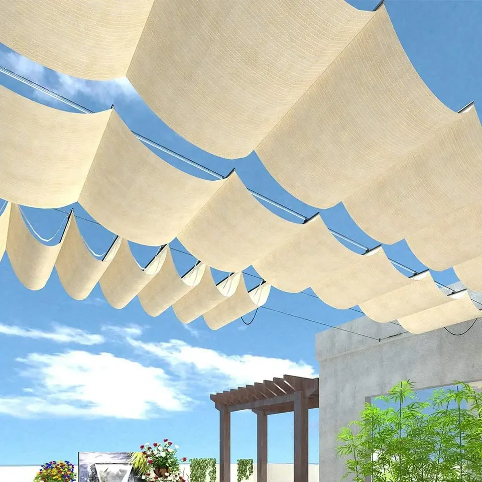 1.2*5m Patio Waterproof Retractable Shade Cover Pergola with Replacement Cover Canopy Outdoor Slide Wire Wave Shade Sail