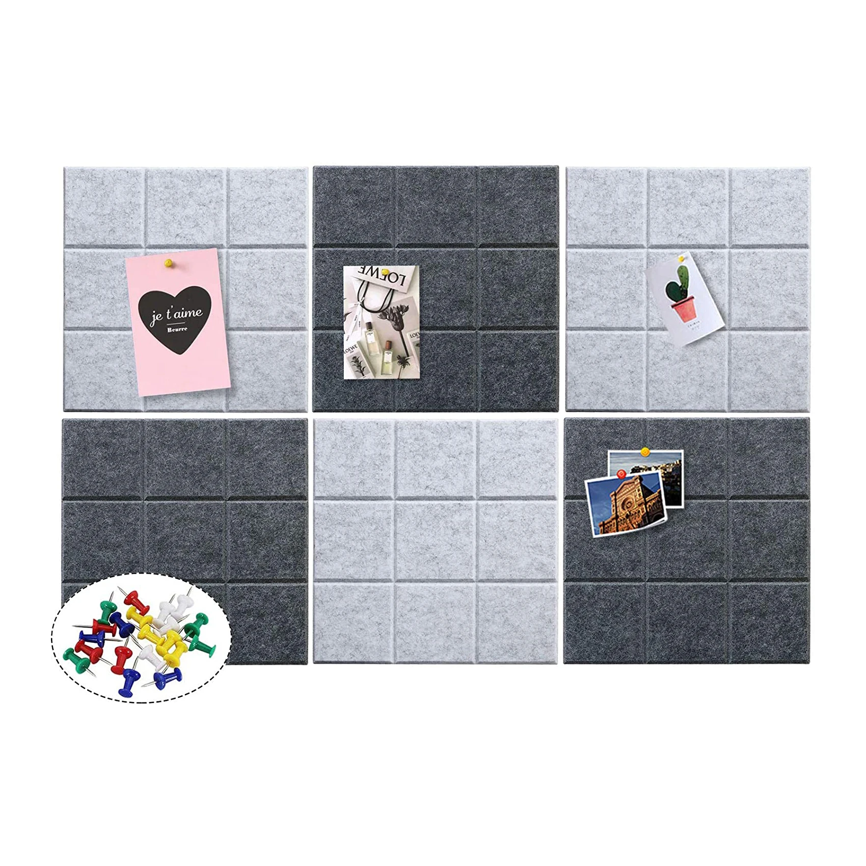 Pack of 6 Felt Pin Board Tiles Notice Bulletin Board Wall Tile with 30 Push Pins for Home Office Kitchen