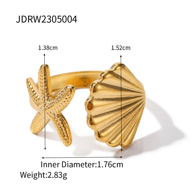 G2746 Wholesale Anillo Stainless Steel 18K PVD Gold Plated Tarnish Free Shell and Starfish Rings For Girls Fashion Jewelry Rings