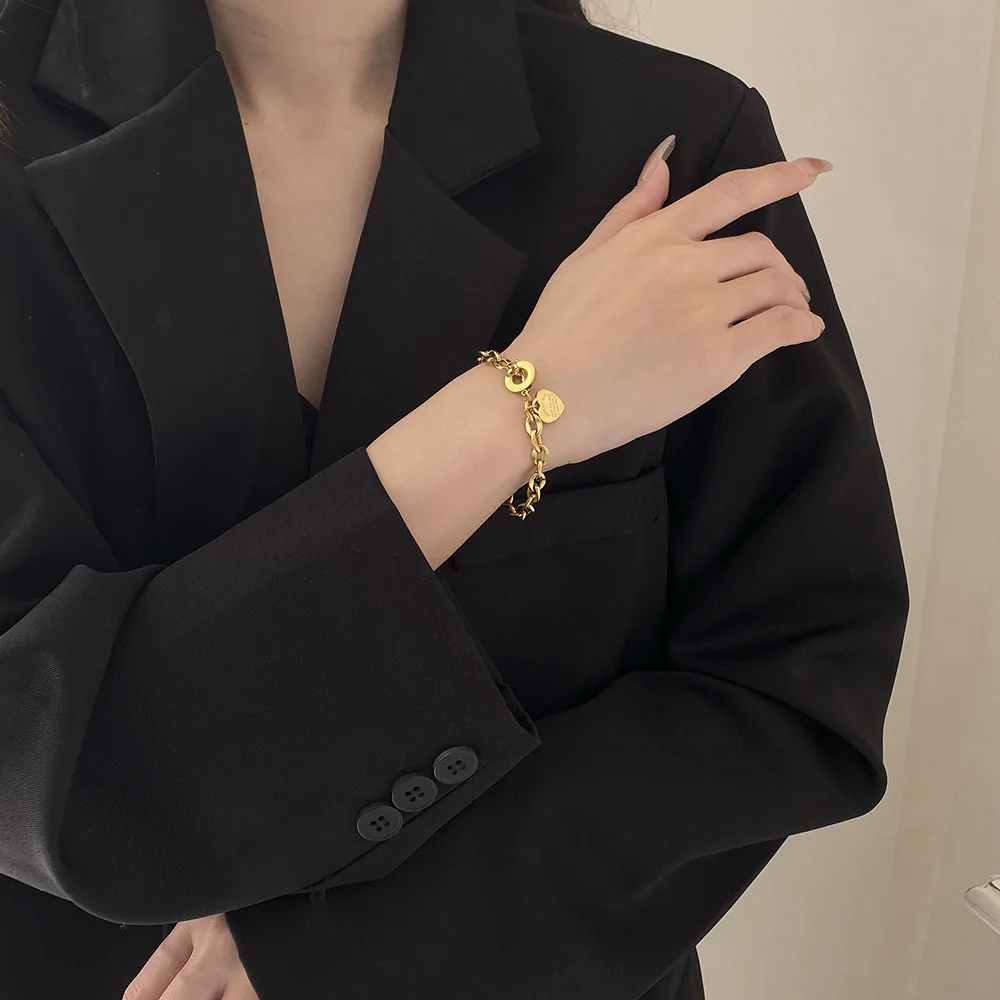 Gold Plated Stainless Steel  Couple OT Clasp eternal love  bracelet  Pendant Bracelet  Thick Chain Bracelet for Man and Women