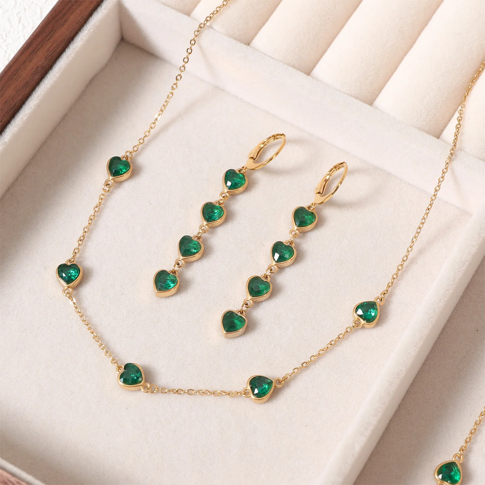 Purple heart Delicate 4 Pcs Zircon CZ Geometric Stud Earrings Women Iced Out Cubic Zirconia Pendant Necklace Jewelry Set