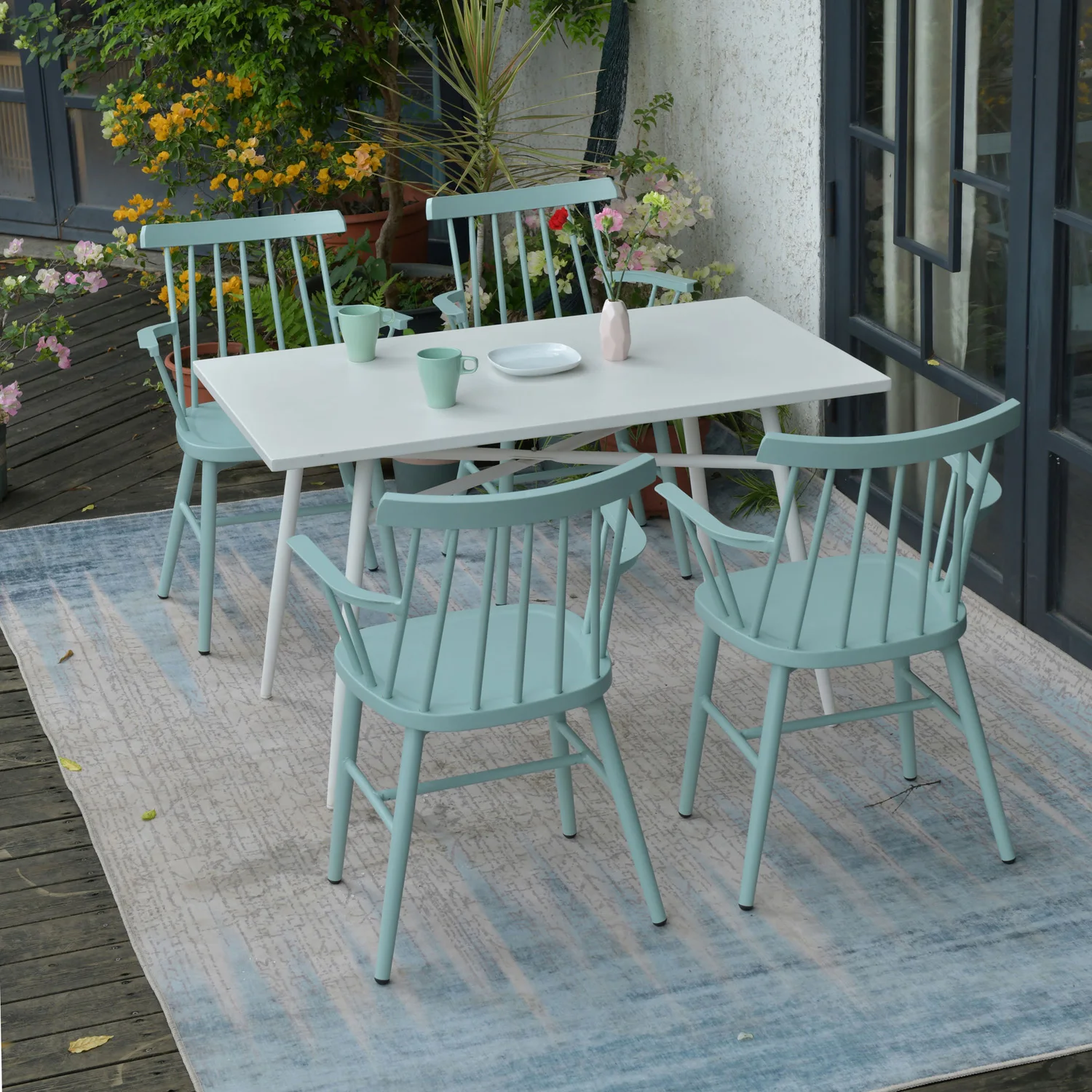 light blue L120xW70xH73 rectangular carbon steel table sets aluminum chairs relaxed meta outdoor garden furniture