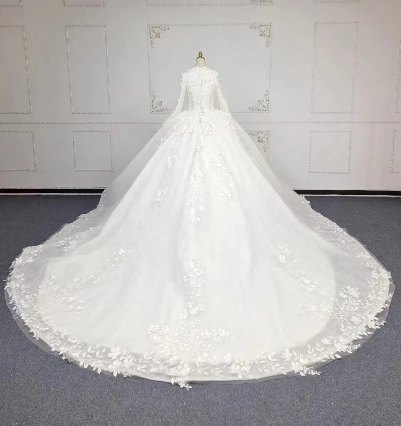 3D flowers high neck long sleeve ball gown muslim wedding dress vestido de novia 2023