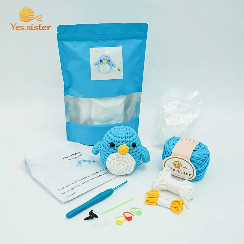 Набор для вязания крючком в виде животного пингвина амигуруми, набор для вязания крючком с легкой пряжкой для начинающих, с видеоинструкциями