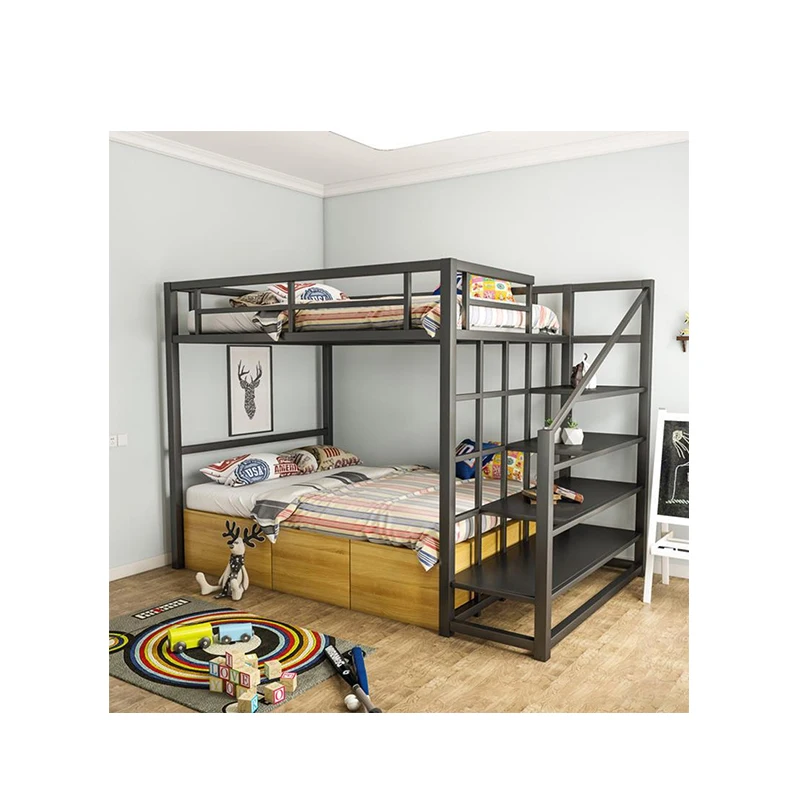 2024  New Design Modern Metal Dormitory Bedroom Wrought Iron Loft Bed With Iron Frame Bed With Stairs