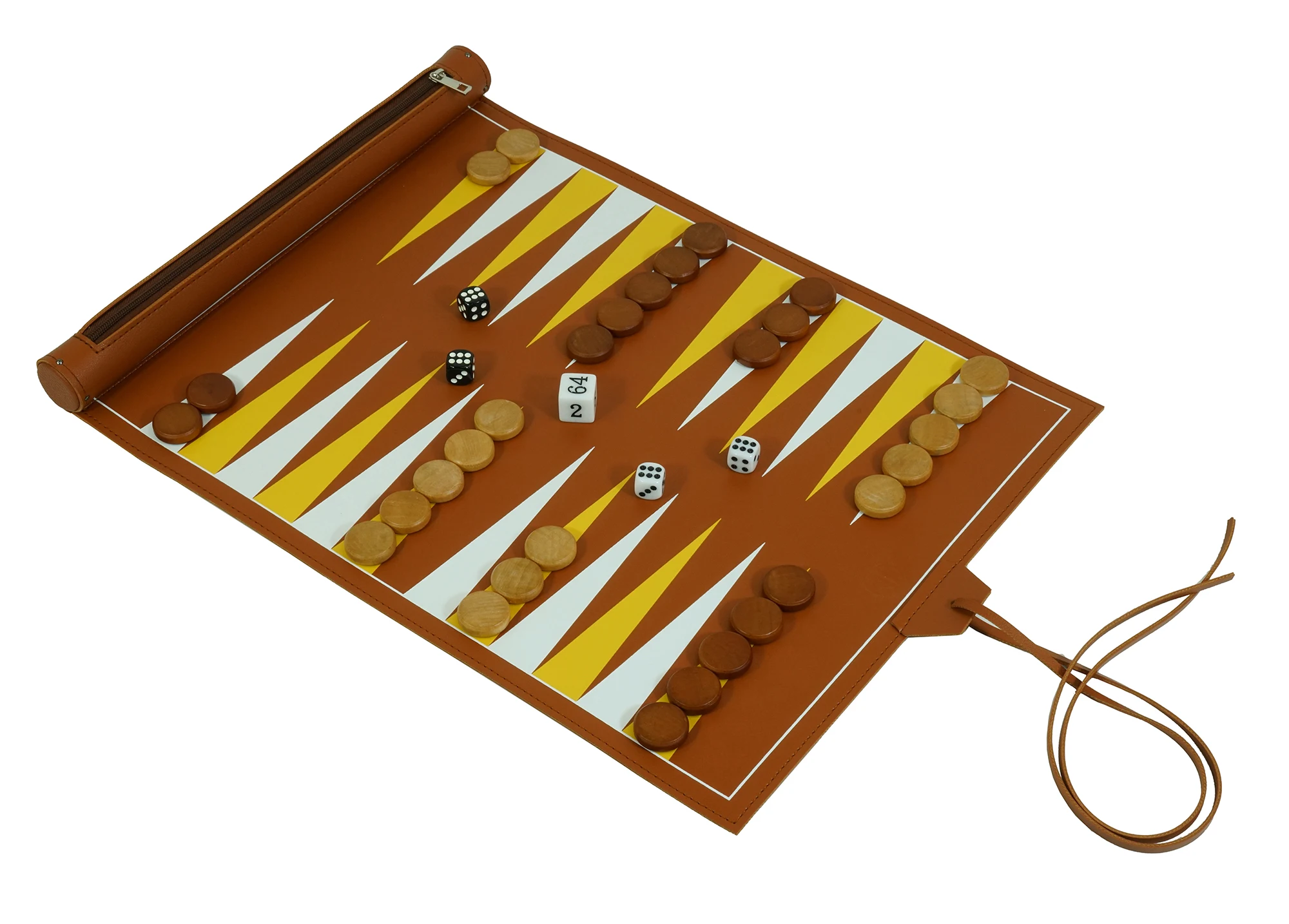 Sonny Custom 15 Inch Brown Leather Roll Up Travel Backgammon Set