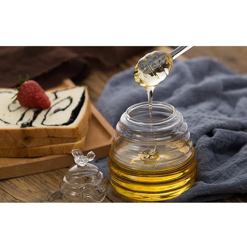 Creative European honeycomb type honeybee transparent lead-free glass honey jar for dessert shop with mixing spoon