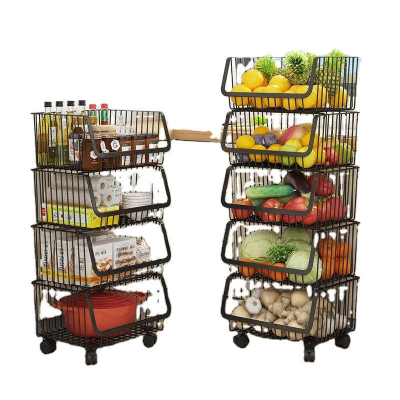 2 Layer Multifunction Kitchen Fruit Vegetable Storage Baskets Cart with Wheels Non-folding Metal  Rack