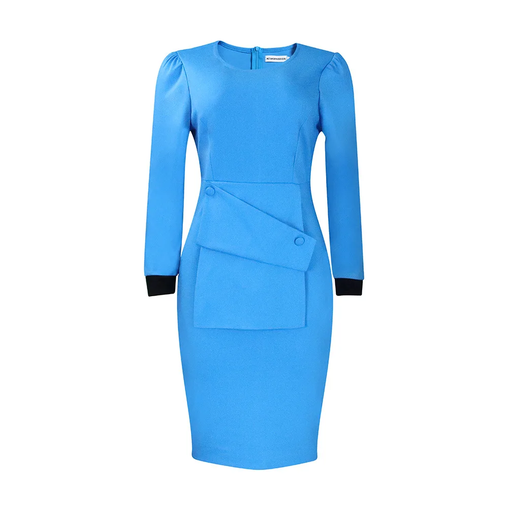 Autumn New Office Ladies Dress Long Sleeve Peplum Slim Fit O Neck Pencil Elegant African Career Dresses