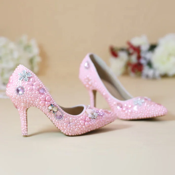 Wholesale Cheap Pink Pearl Sexy Wedge Shoes Woman Pumps Wedding Peep Toes Heels