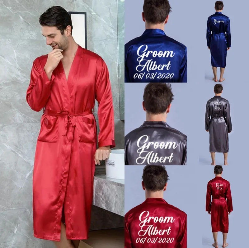 Custom Men Silk Satin  Robe Pajamas Bath SilkPersonalized Name and Date for  Wedding Party