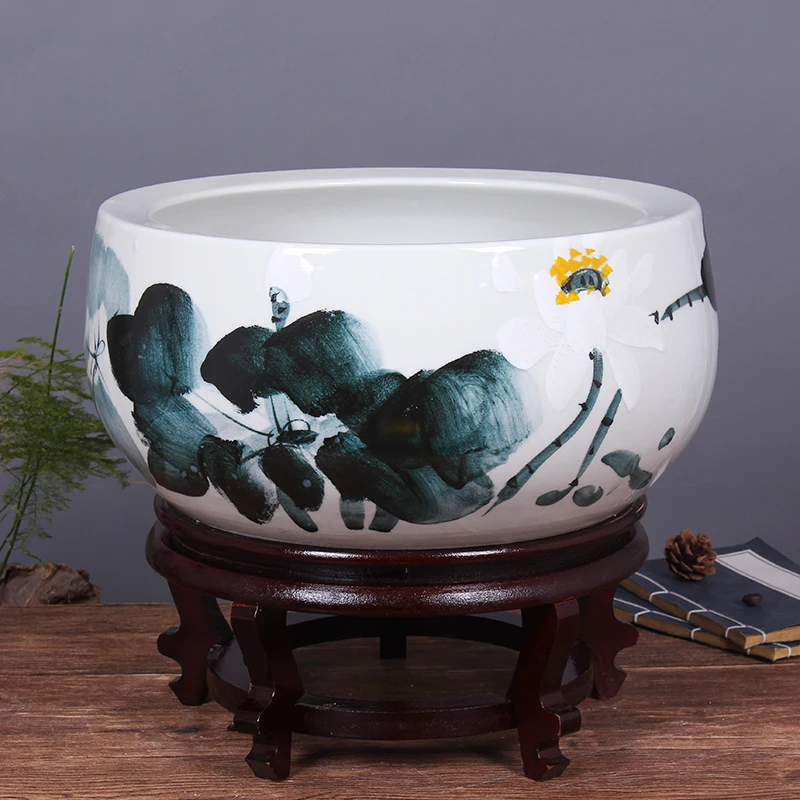 Jingdezhen Color Glaze Kiln Green Freehand Lotus Fish Pattern Wax Gourd Tank Planter Pot