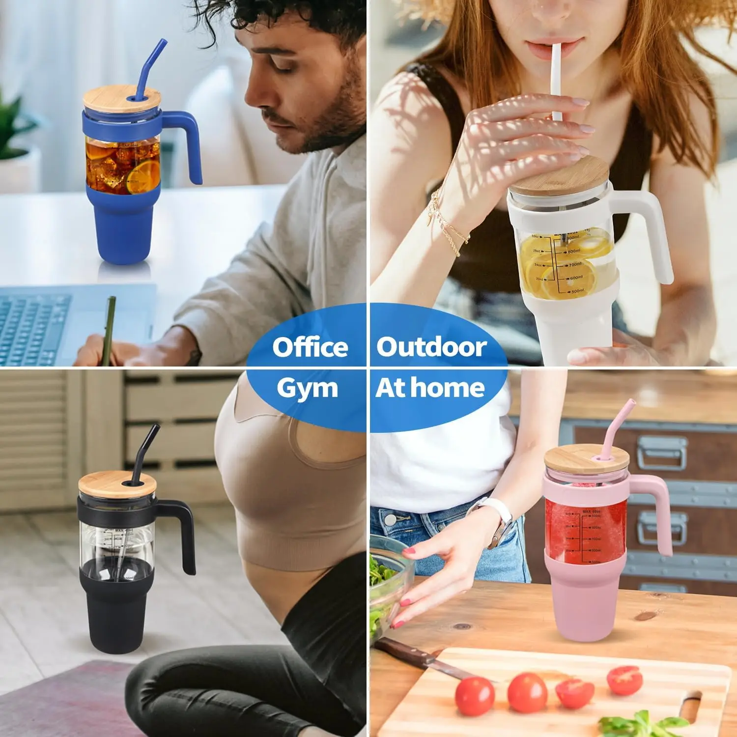 Glass Water Bottles 40 oz Iced Coffee Cup Glass Tumbler with Bamboo Lid and Straw with Handle with Silicone Sleeve