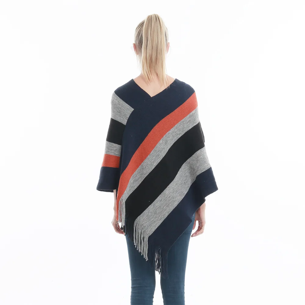 Autumn Fashionable Knitted Stripe Print Loose Pullover Irregular Tassels Cloak Tops T Shirts For Women