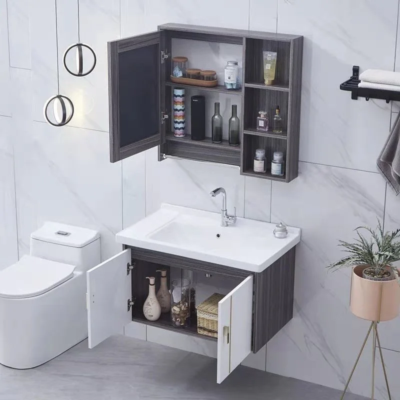 Modern 80 Cm PVC Bathroom Cabinets Bathroom Furniture Floor Mounted Bathroom Vanity Cabinet Plywood with Led Light Hotel Home
