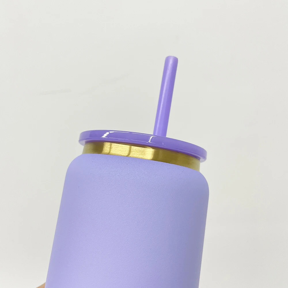 Recyclable Double Walled Vacuum Insulation powder coated gold plated 16oz stainless steel beer can with straw for laser engrave