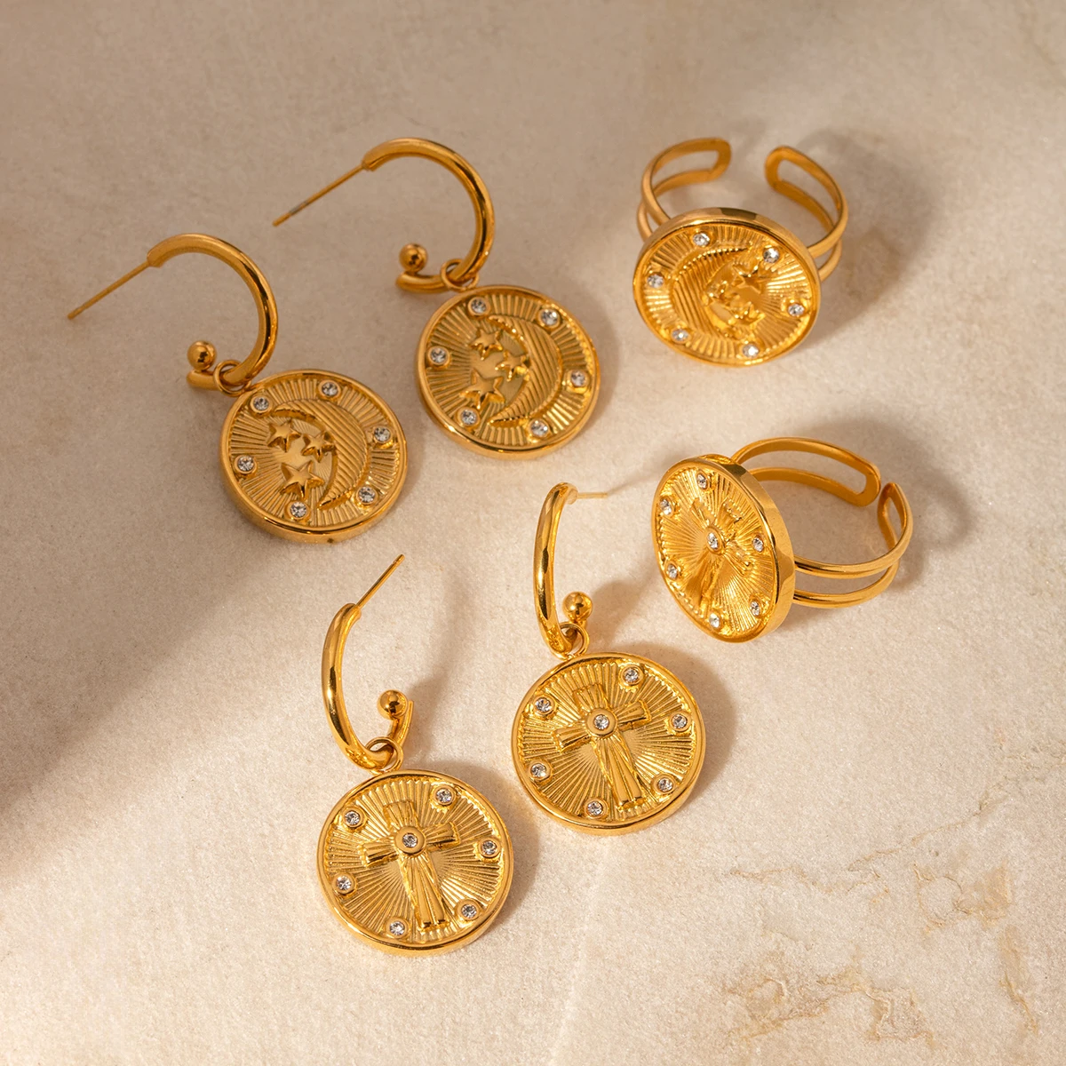 J&D Jewelry Waterproof Stainless Steel 18K Gold Plated Round Coin Moon Star Cross Drop Earring Ring
