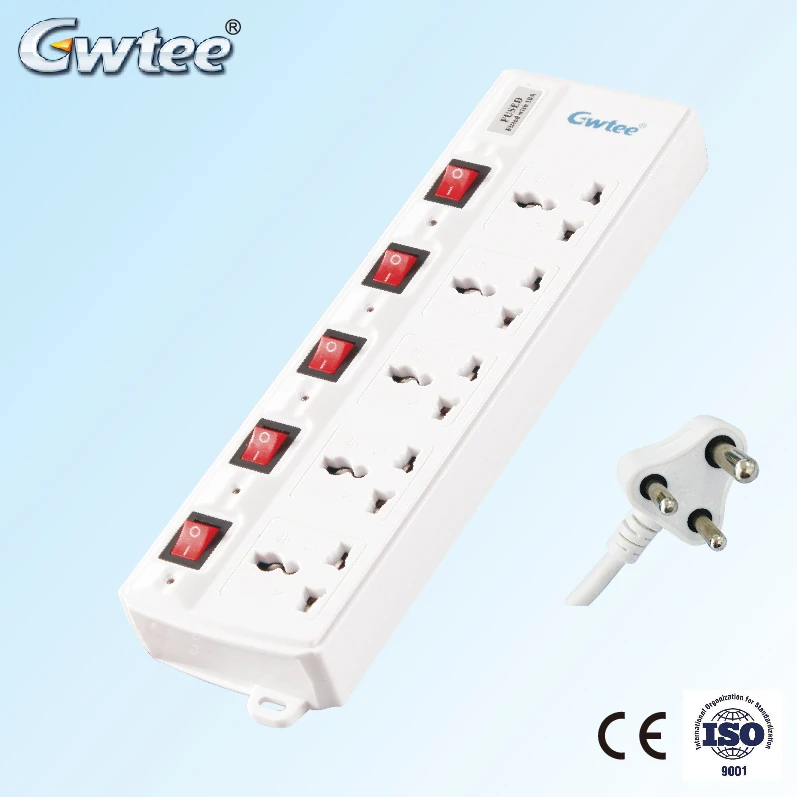 5 gang universal fuse surge protection power electric extension sockets with protector tube