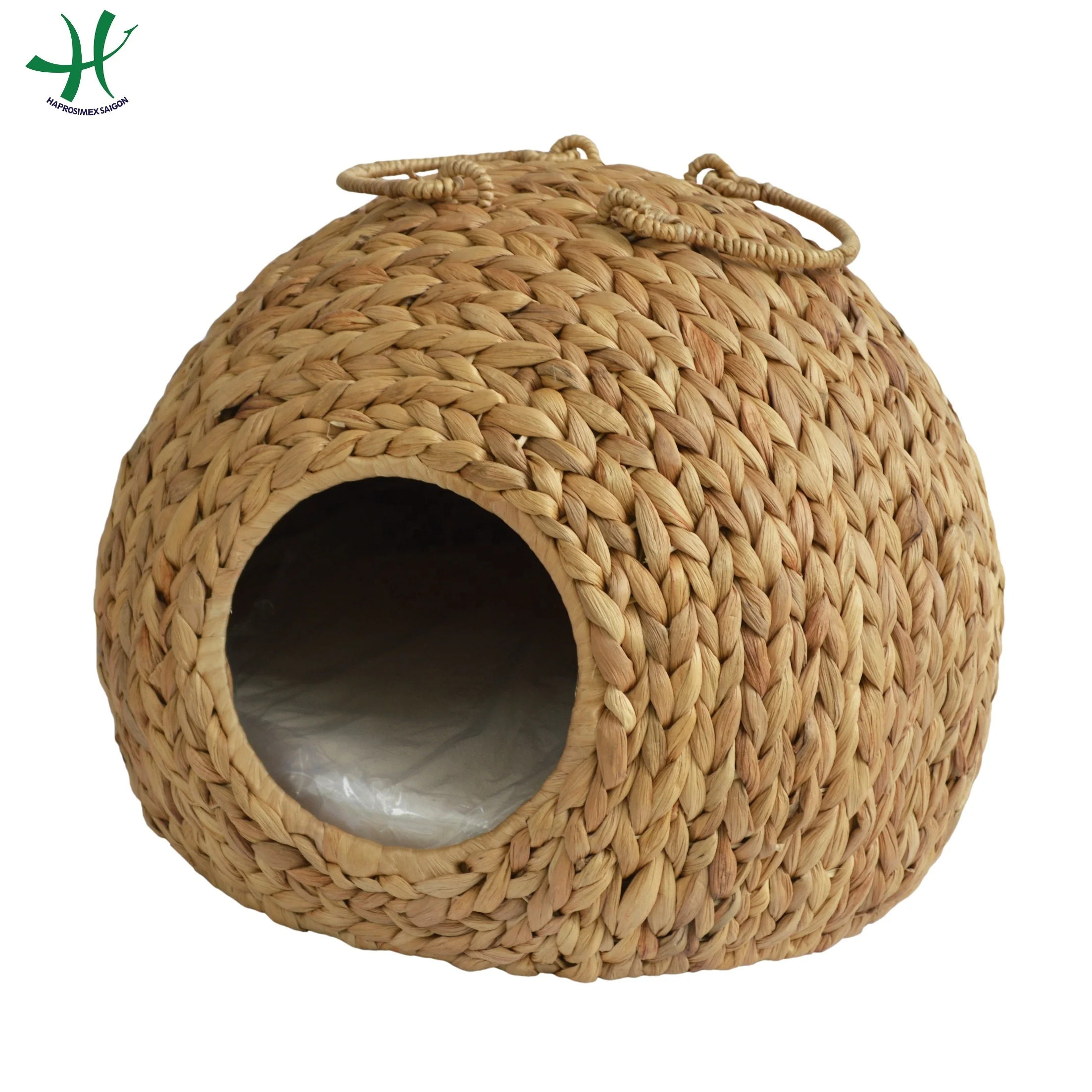 Handmade woven water hyacinth pet house, pet cage, pet house with fabric cushion inside made in Vietnam