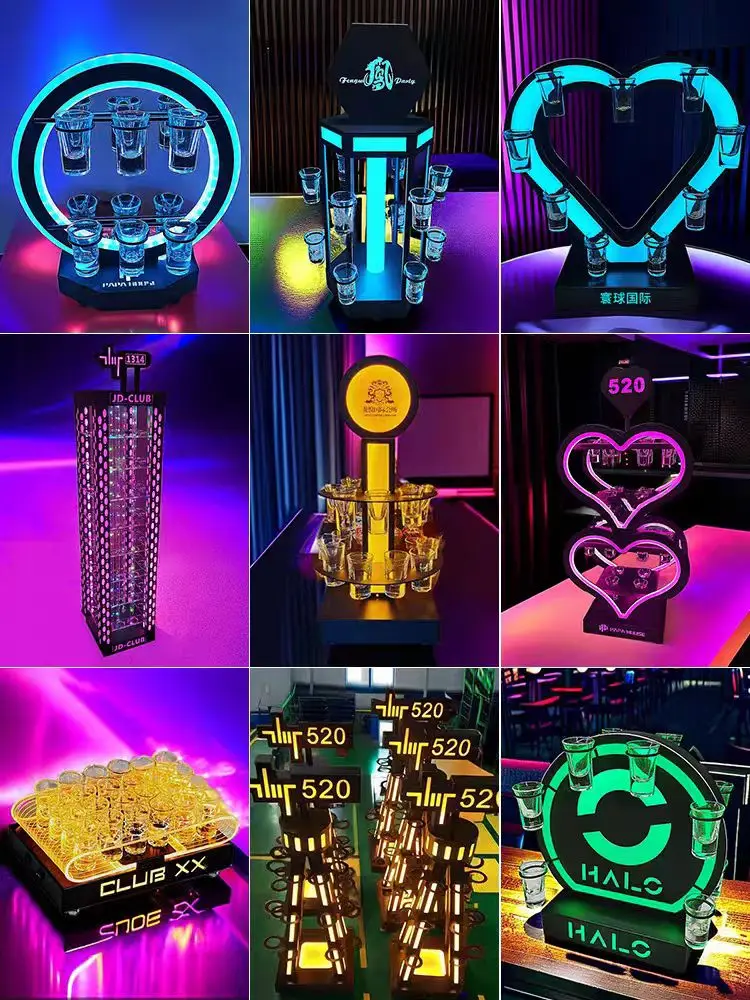 LED Luminous Rechargeable Cup Holder Acrylic Lighted Cocktail Display Stand VIP Nightclub Shot Glass Service Tray