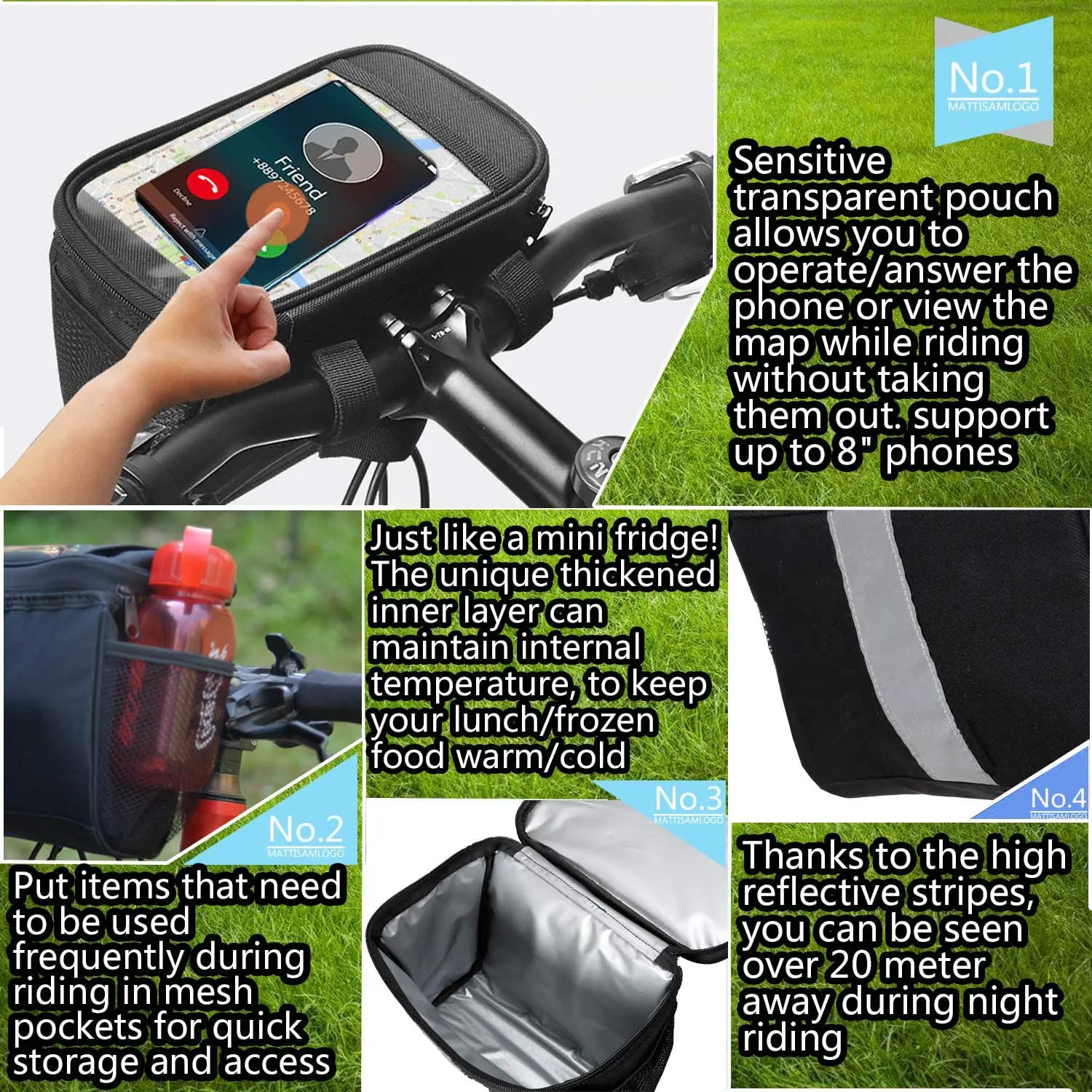 Bike Basket with Mesh Pocket Cold & Warm Insulation Reflective Strap Touchable Transparent Phone Pouch Bicycle Front Bag