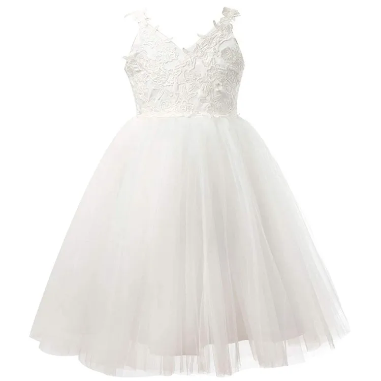 New design baby birthday sleeveless white v-neck embroidery flower girl dress white with bow in back