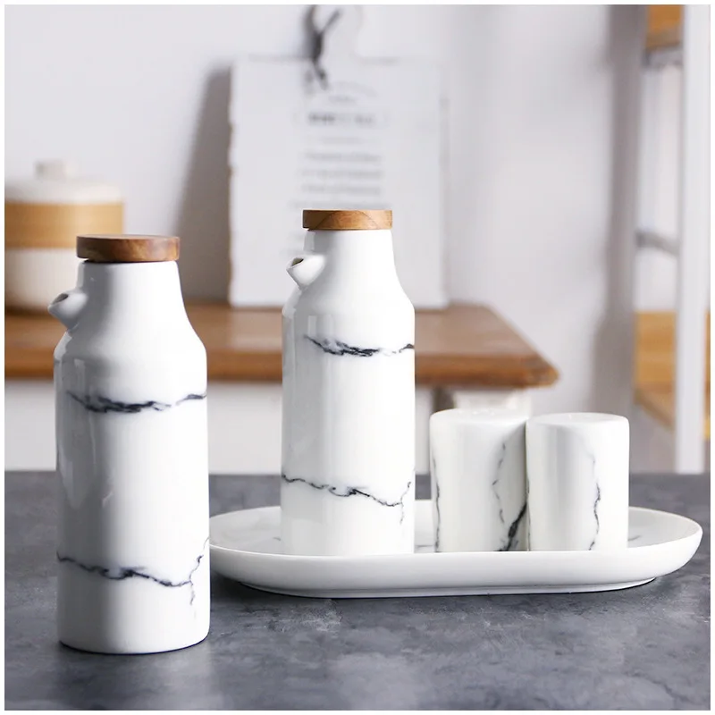 High Quality Food Grade Porcelain White Marble Olive Oil Bottle Kitchen Vinegar Cruet Set With Wood Lid