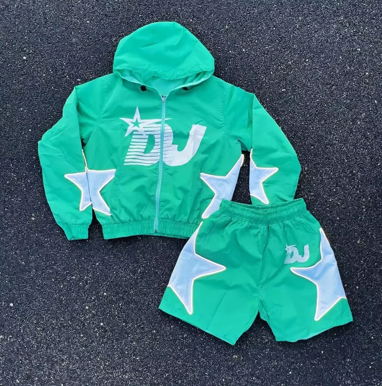Men Sets Two Piece Custom Windbreaker Shorts And Hooded Jacket Tracksuit Reflective Zip Up Nylon Two Piece Windbreaker Short Set