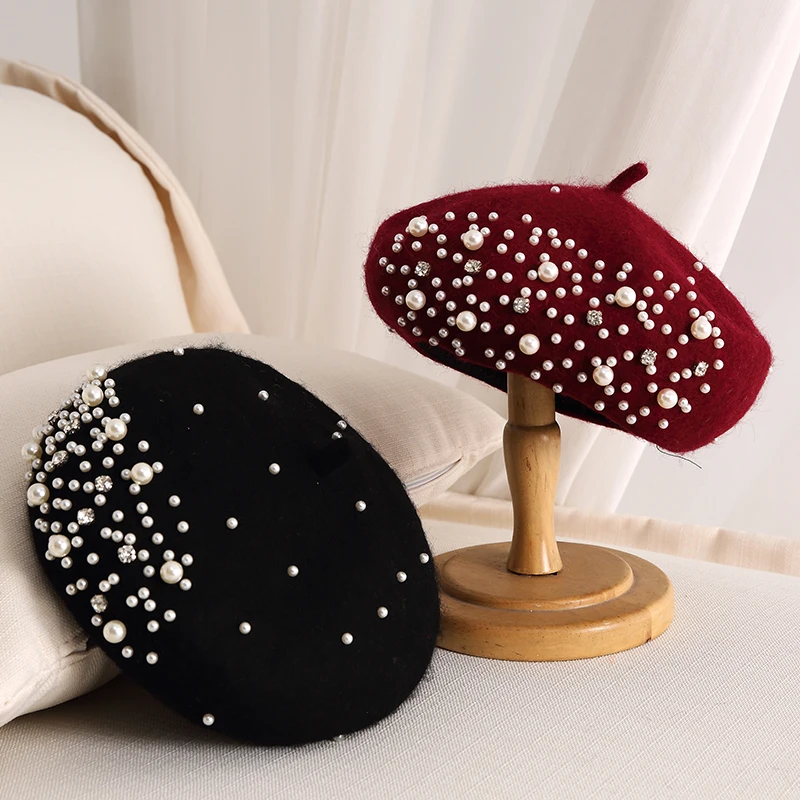 2021 Winter Wool Beret with Rhinestone Pearls Beads Female Elegant Autumn Spring Hat Women Solid Color French Style Cap