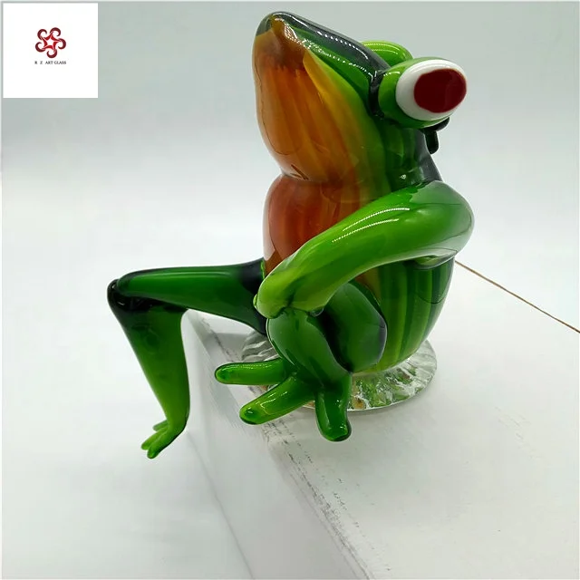 Hand Blown Funny Murano Glass Craft Figurine Green Frog