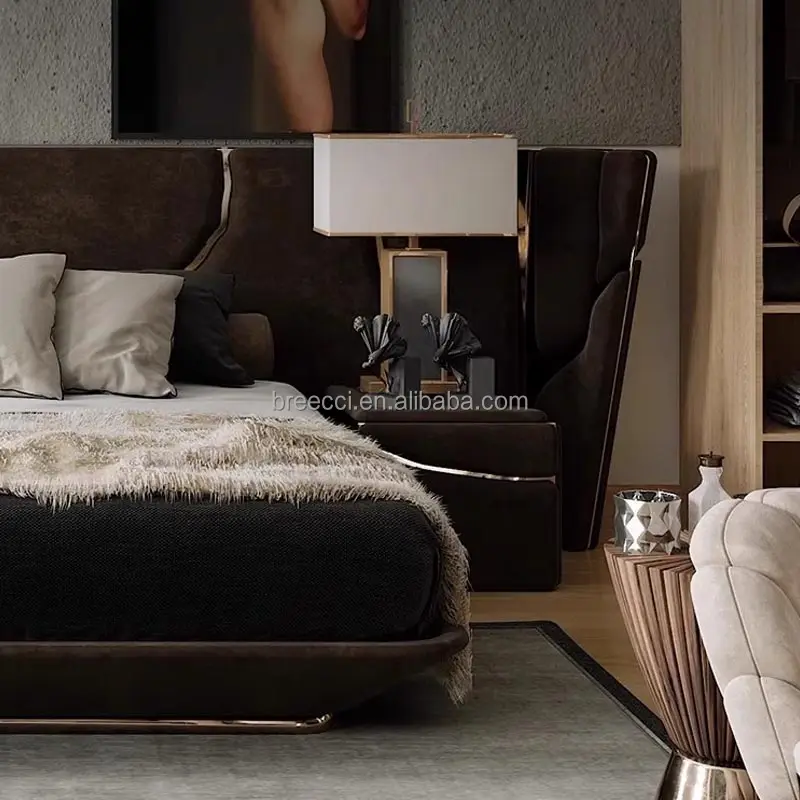 Modern Luxury High-End Villa Bedroom Set High Quality King Size Royal Furniture Wood Frame Leather Queen Double Available