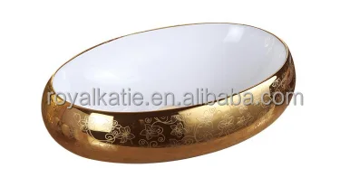 Golden Flower Electroplating Bathroom sink Wash Hand Basin oval shape counter top art basin sink