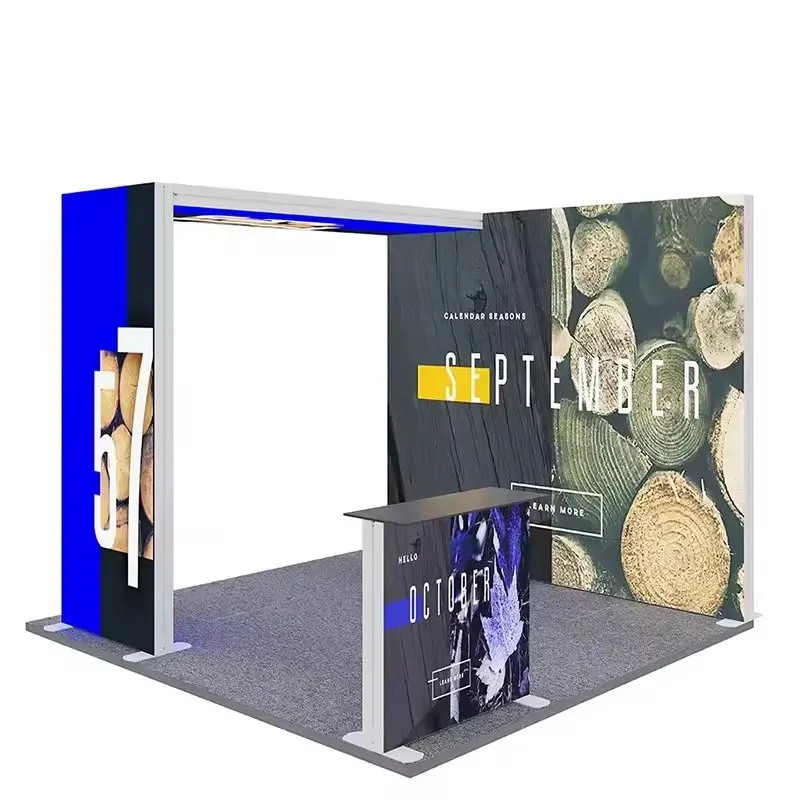 The trade show booth showcases tension fabric background Seg pop-up LED backlight boxesExhibition light box