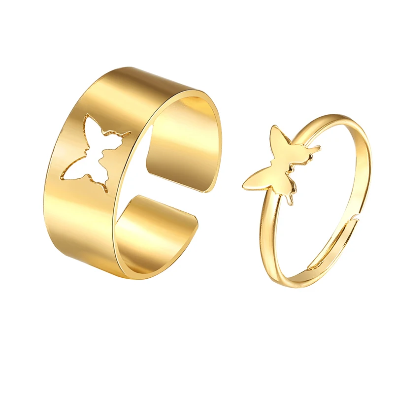 2pcs/pair Fashion Gold Silver Plated Hollow Out Butterfly Heart Star Moon Dolphin Shaped Women Ladies Adjustable Opening Rings