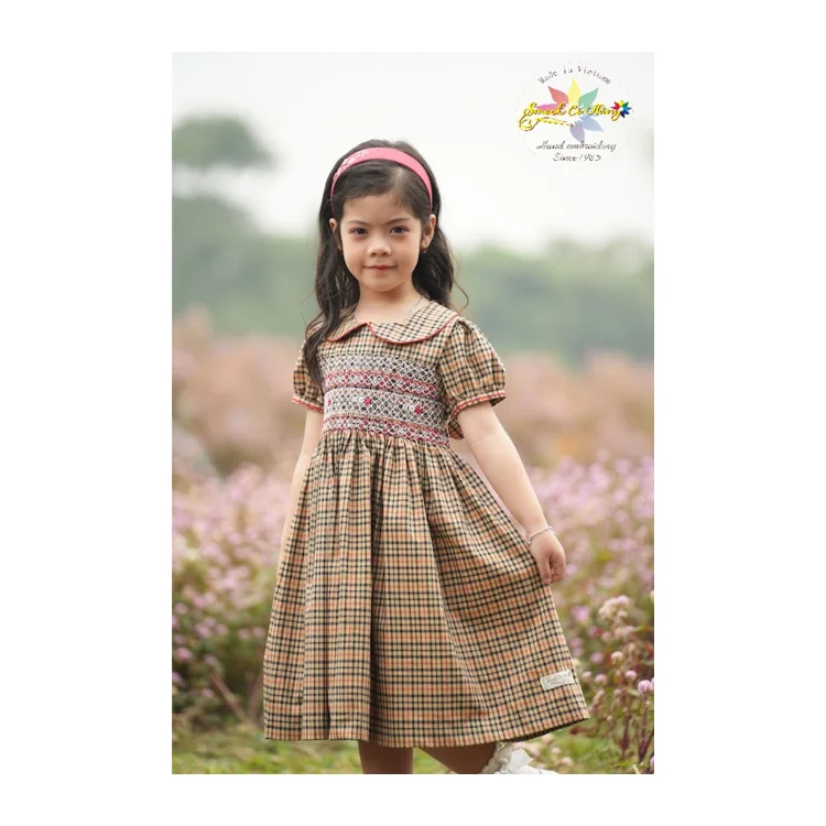 Western Brown Plaid Smock Dress For Baby Girl Fast Delivery Top Favorite Product Birthday Dress Fancy Pattern