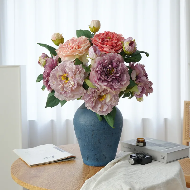 2024 New 49cm Simulation flowers 2 head burnt edge peony dew lotus fake flowers retro peony home living room decoration