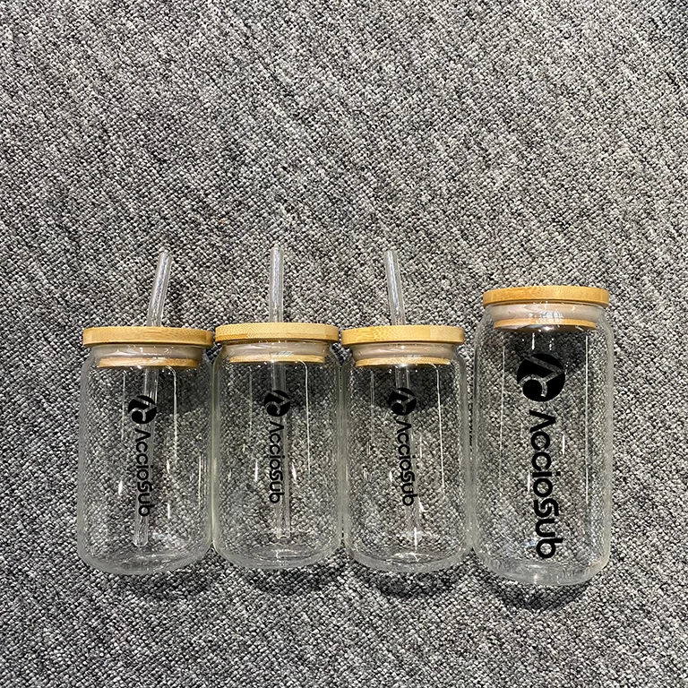 Top Popular New Design Heat Transfer Clear Can Craft Printing Photo DIY Bamboo Lid Jar Custom Sublimation Blank Glass Coke Can