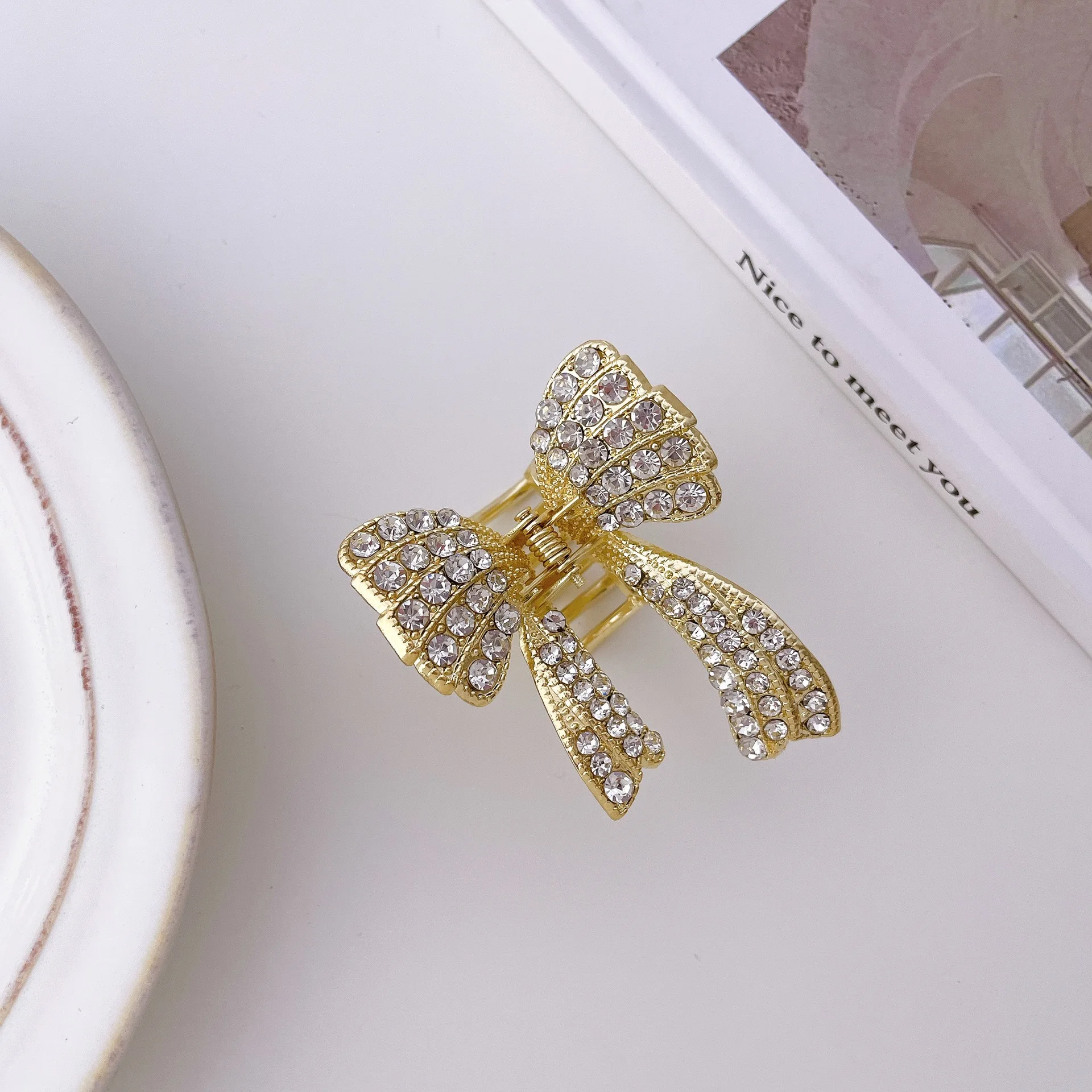 Korean Temperamentalalloy Pearl Rhinestone Bowknot Hairpin Pan Hair Grip Shark Clip Side Clip