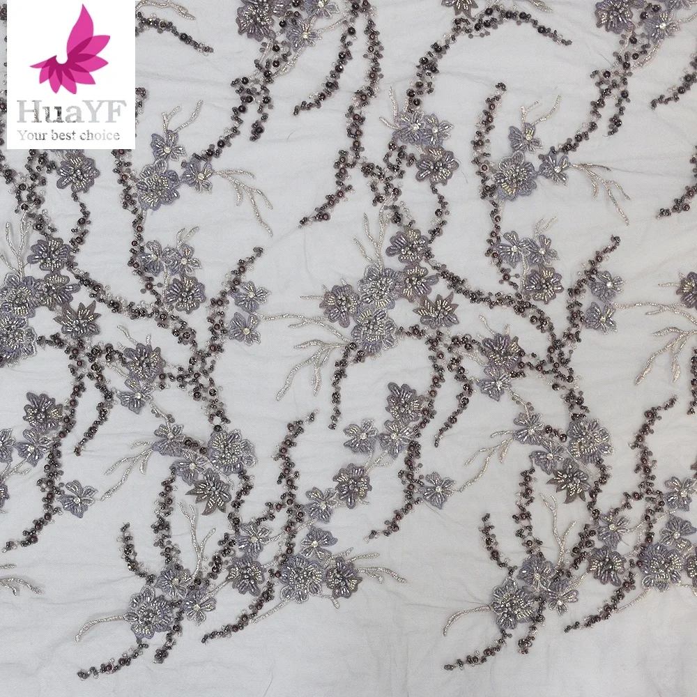 Luxury 3d  fabrics tulle lace with beads french fashion lace fabric for wedding  HY1219-1