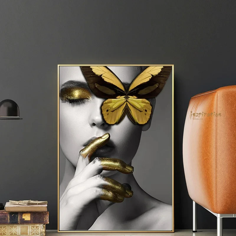 Abstract Wall Art Pictures Fashion Woman Lips butterfly Gold And White Black Oil Painting Modern Home Decor Mural hanging