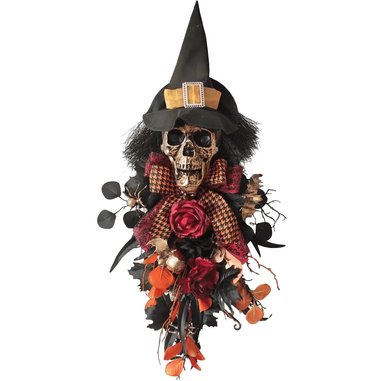 Senmasine Front Door Diy Hanging Wreath Black Artificial Leaves Bow Pumpkin Spooky Scary Skeleton Hand Witch Hat Halloween Swag