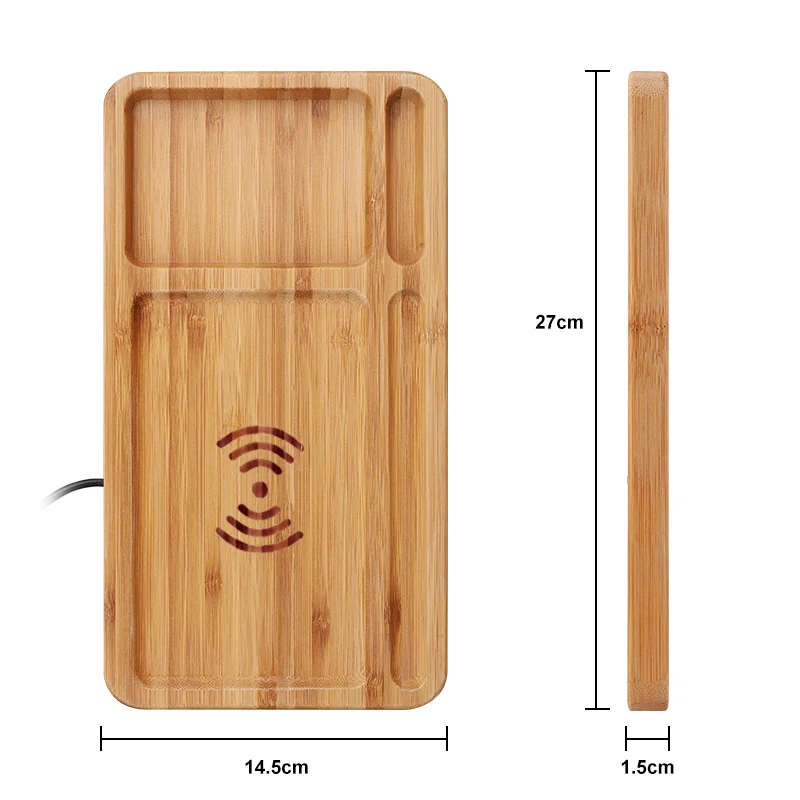 Bamboo Mobile Phone Charge Coin Tray Wood Wireless Charger 15W Fast Charging dock