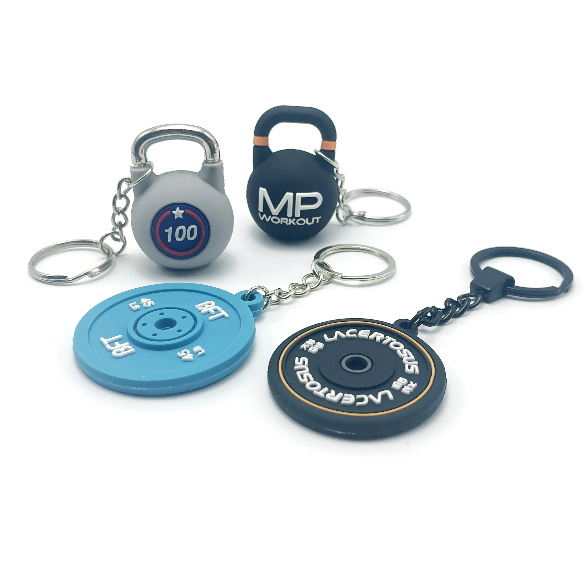 Gym Promotional Metal Crafts Keychains Custom 3D Double-Sided Logo PVC Rubber Barbell Key Chain Fitness Dumbbell Keychain