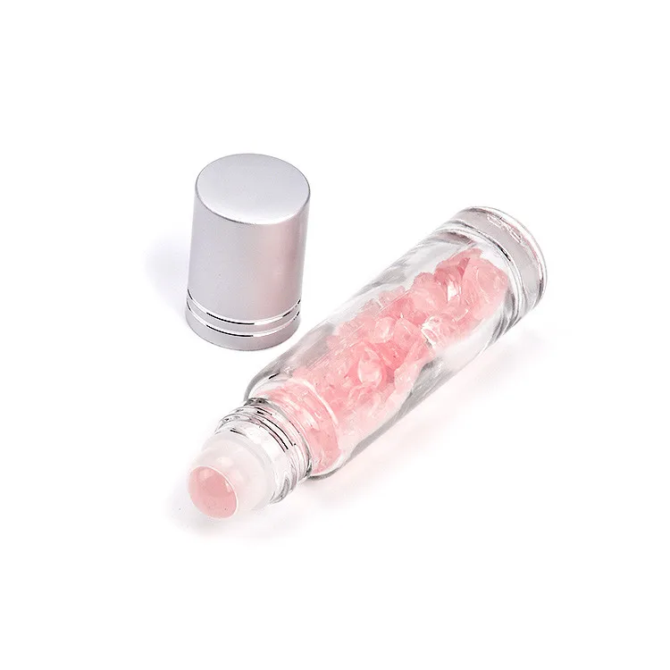 Natural Healing Gemstones Essential Oil Bottles,10ml Thick Clear Glass Roll On Bottles With Crystal Stones Roller Ball