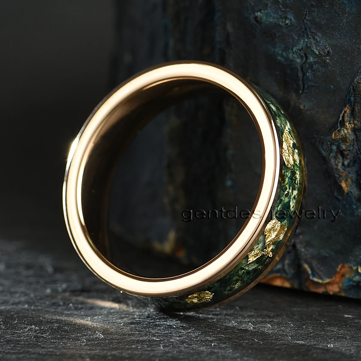Gentdes Jewelry Custom Handmade Flat Rose Gold Tungsten Carbide Ring Inlay Moss Agate And Gold Foil Wedding Ring For Woman Lady