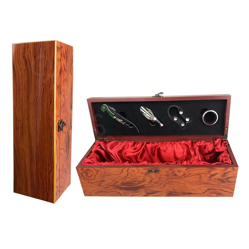 High Quality Single Wine Bottle Wood Wine Gift Box And 4pcs Accessories Kit With Hinged Wine Bottle Wooden Gift Boxes