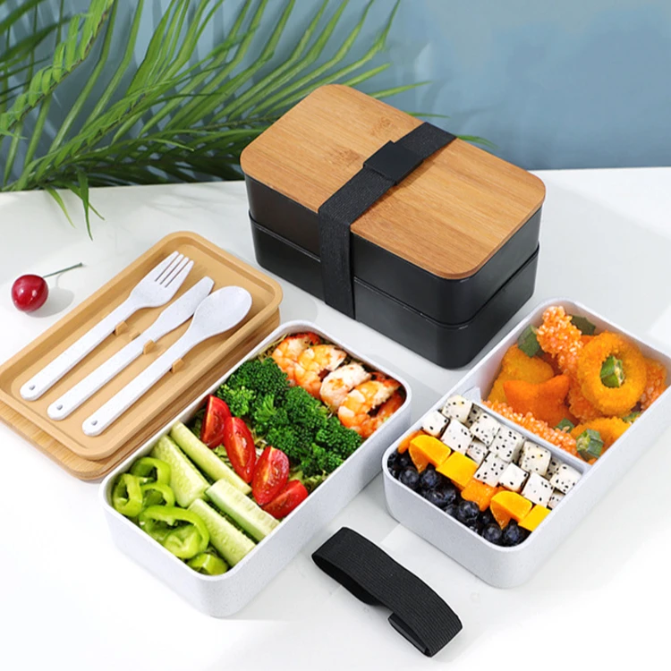 Microwave Dishwasher Safe 2 Layer Removeable Divided Eco Friendly Custom Wooden Lunch Box Kid Adult Bamboo Fiber Bento Lunch Box